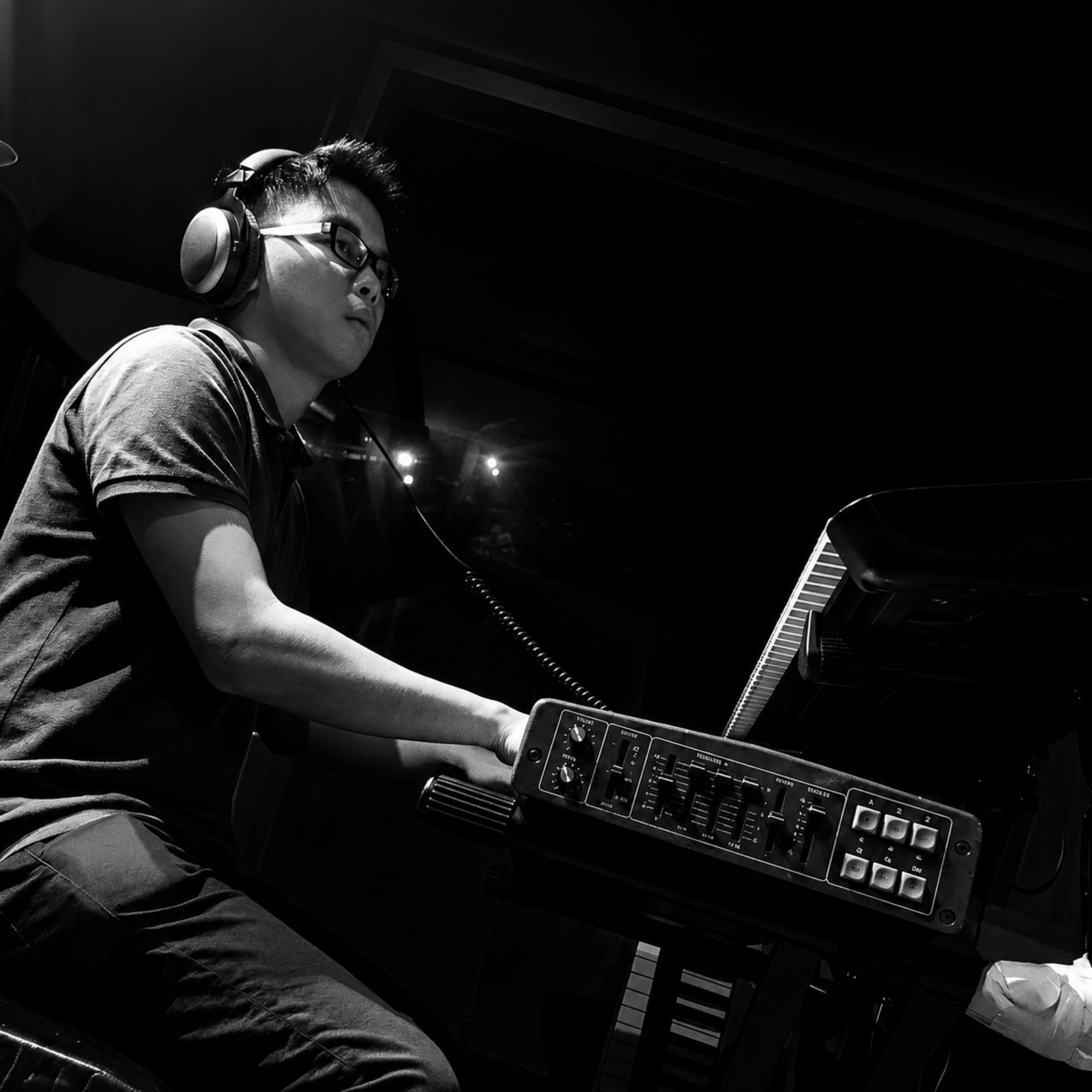 A black-and-white keyboard session in the studio