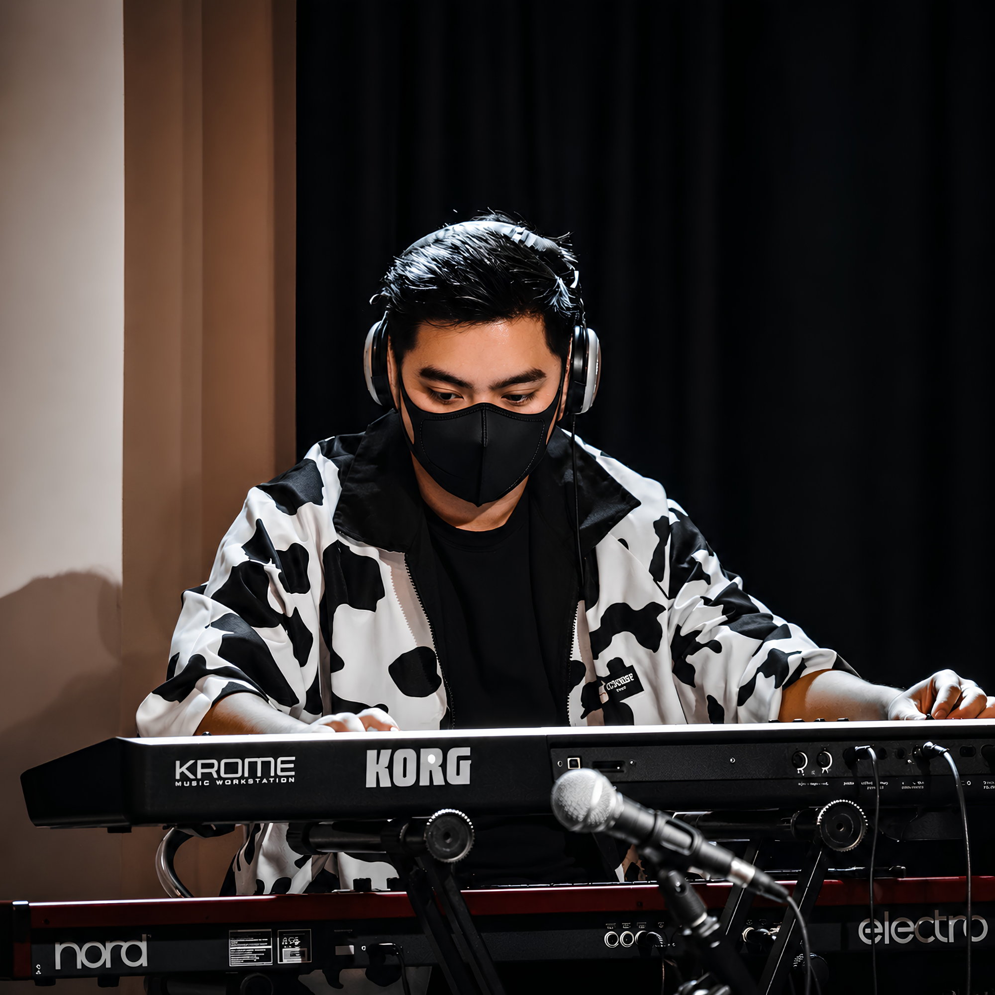 Mr Chang performing at a multi-keyboard setup